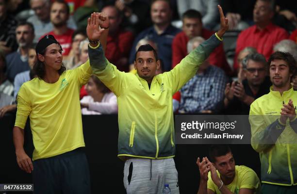 Nick Kyrgios and Alexei Popyrin are seen supporting John Millman of Australia against David Goffin of Belgium during day one of the Davis Cup World...