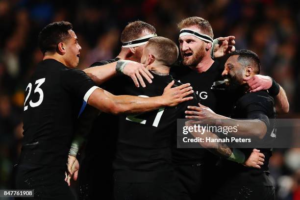 Lima Sopoaga of the All Blacks celebrates after scoring a try during the Rugby Championship match between the New Zealand All Blacks and the South...