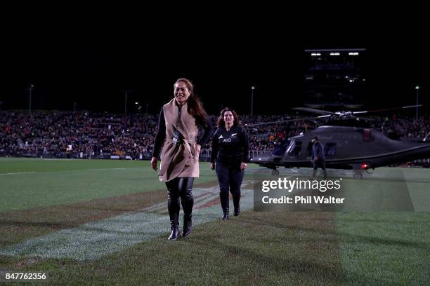 Portia Woodman of the Black Ferns arrives by helicopter before the Rugby Championship match between the New Zealand All Blacks and the South African...