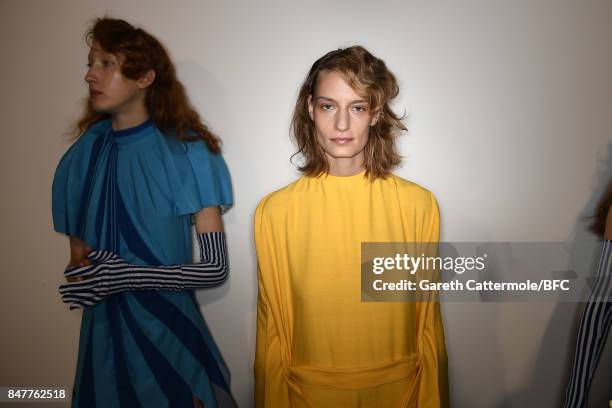 Models are seen backstage ahead of the Paula Knorr and Richard Malone shows during London Fashion Week September 2017 on