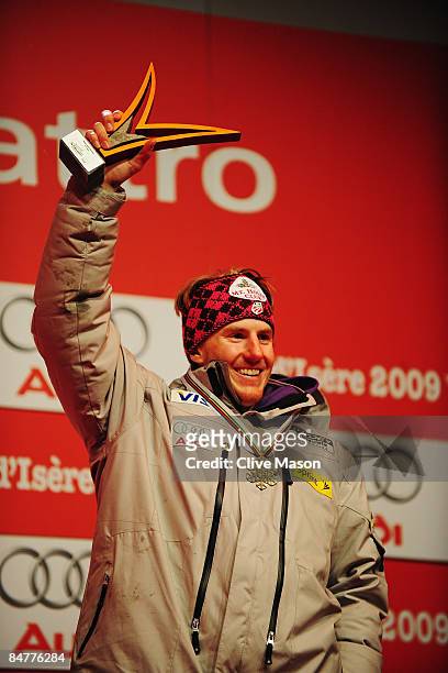 Bronze medal winner Ted Ligety of the United States of America celebrates at the Medal ceremony following the Men's Giant Slalom event held on the...
