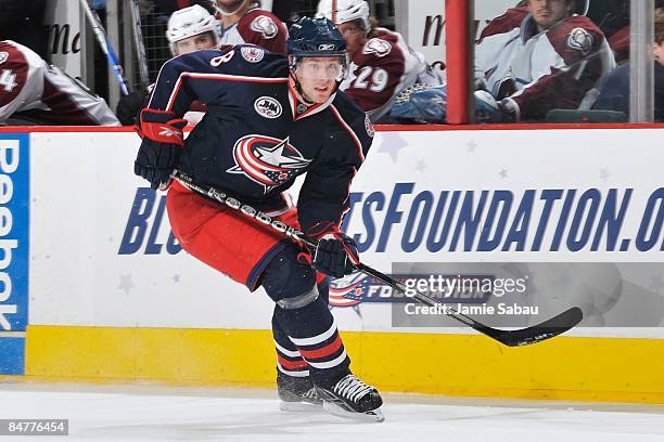 Defenseman Jan Hejda of the Columbus Blue Jackets skates against the Colorado Avalanche on February 10, 2009 at Nationwide Arena in Columbus, Ohio.