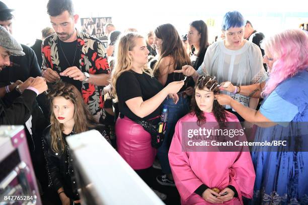Models are seen backstage ahead of the Paula Knorr and Richard Malone shows during London Fashion Week September 2017 on