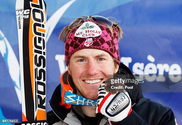 Bronze medal winner Ted Ligety of the United States of America celebrates following the Men's Giant Slalom event held on the Face de Bellevarde...