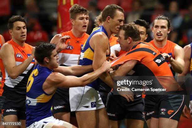 Steve Johnson of the Giants has an altercation during the AFL First Semi Final match between the Greater Western Sydney Giants and the West Coast...