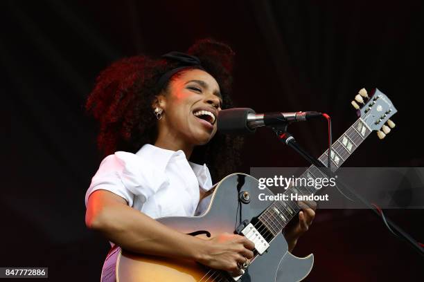 In this handout photo provided by Singapore GP, Lianne La Havas performs on stage during day two of the Singapore Formula One Grand Prix at Marina...