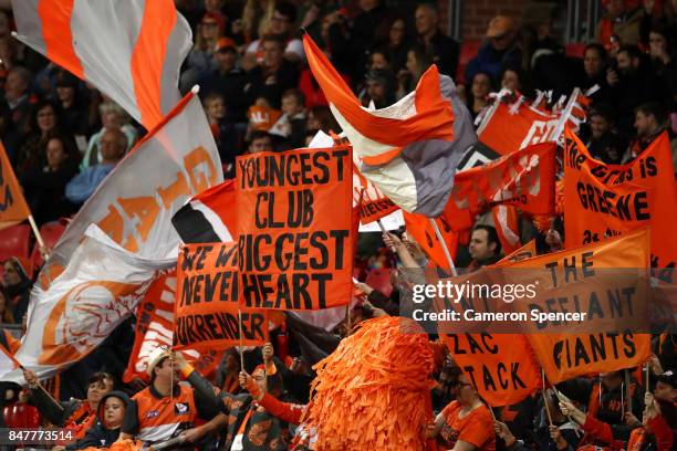 Giants fans celebate a goal during the AFL First Semi Final match between the Greater Western Sydney Giants and the West Coast Eagles at Spotless...