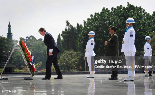 Prime Minister David Cameron lays a wreath at the Kalibata National Heroes Cemetery in Jakarta today on his arrival in Indonesia for a two day visit.