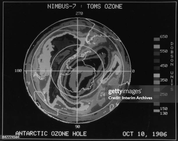 Map view of the total ozone in the Southern Hemisphere produced at NASA using data from the Nimbus 7 Total Ozone Mapping Spectrometer instrument,...