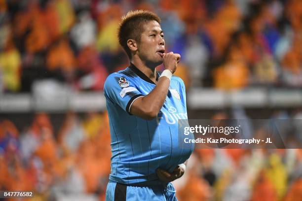 Takayuki Morimoto of Kawasaki Frontale celebrates scoring his side's third goal during the J.League J1 match between Shimizu S-Pulse and Kawasaki...