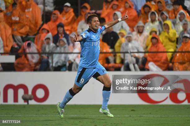 Takayuki Morimoto of Kawasaki Frontale celebrates scoring his side's third goal during the J.League J1 match between Shimizu S-Pulse and Kawasaki...