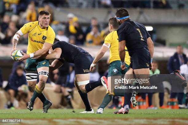 Sean McMahon of the Wallabies passes during The Rugby Championship match between the Australian Wallabies and the Argentina Pumas at Canberra Stadium...