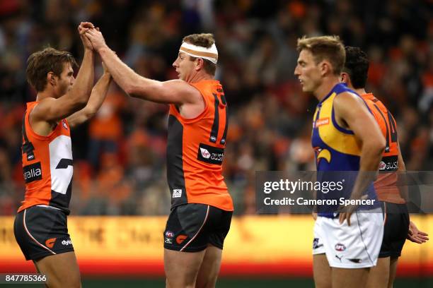 Steve Johnson of the Giants celebrates kicking a goal during the AFL First Semi Final match between the Greater Western Sydney Giants and the West...