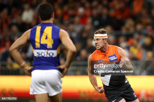 Steve Johnson of the Giants celebrates kicking a goal during the AFL First Semi Final match between the Greater Western Sydney Giants and the West...