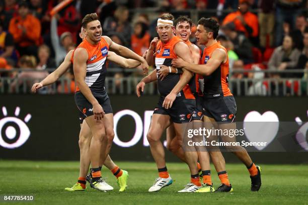 Steve Johnson of the Giants celebrates kicking a goal during the AFL First Semi Final match between the Greater Western Sydney Giants and the West...