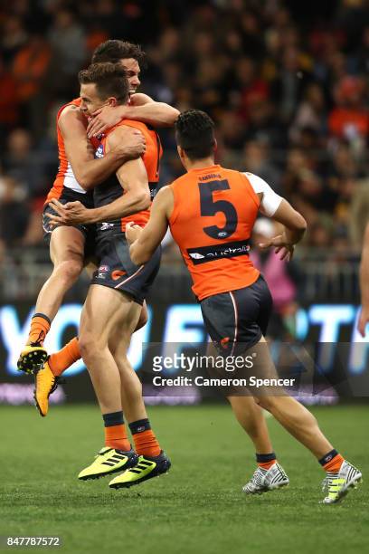 Brett Deledio of the Giants celebrates kicking a goal during the AFL First Semi Final match between the Greater Western Sydney Giants and the West...