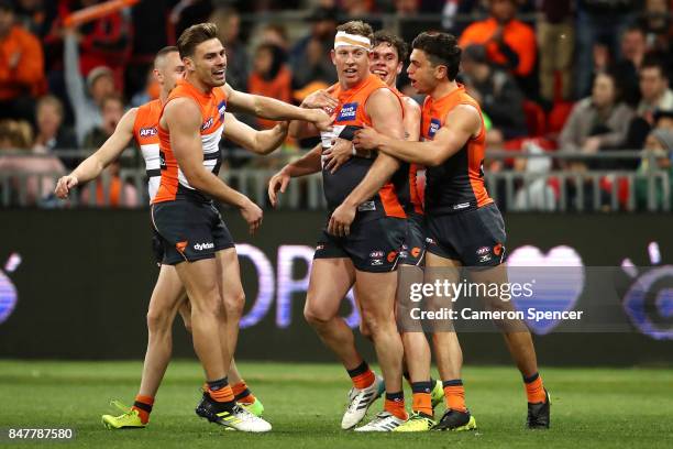 Steve Johnson of the Giants celebrates kicking a goal during the AFL First Semi Final match between the Greater Western Sydney Giants and the West...