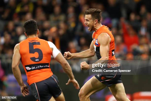 Brett Deledio of the Giants celebrates kicking a goal during the AFL First Semi Final match between the Greater Western Sydney Giants and the West...