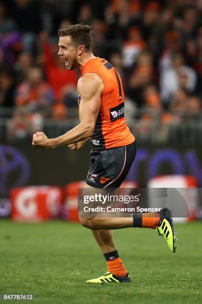 Brett Deledio of the Giants celebrates kicking a goal during the AFL First Semi Final match between the Greater Western Sydney Giants and the West...