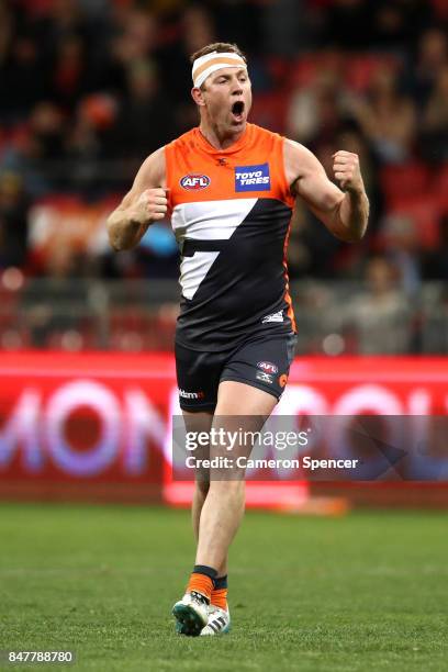 Steve Johnson of the Giants celebrates kicking a goal during the AFL First Semi Final match between the Greater Western Sydney Giants and the West...