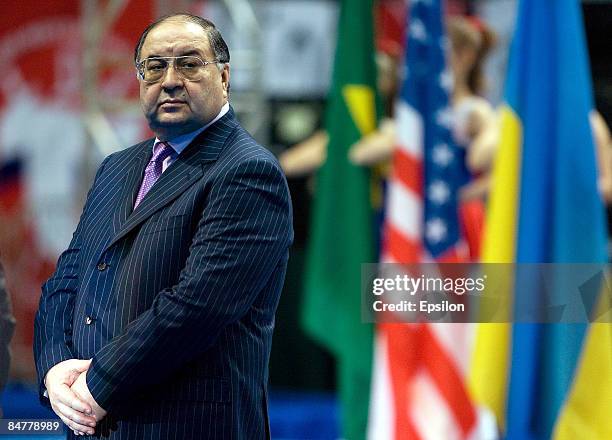 Russian oligarch and President of the International Fencing Federation, Alisher Usmanov looks on during the opening ceremony of the Moscow Sabre...