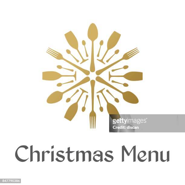 stockillustraties, clipart, cartoons en iconen met kerstmenu met gouden sneeuwvlok - fork
