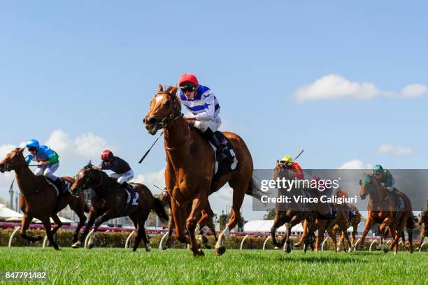 Regan Bayliss riding Redkirk Warrior wins Race 4, Bobby Lewis Quality during Melbourne Racing at Flemington Racecourse on September 16, 2017 in...