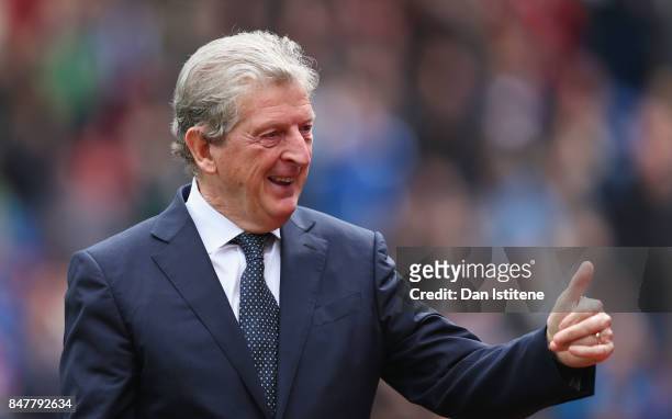Roy Hodgson, Manager of Crystal Palace shows appreciation to the fans prior to the Premier League match between Crystal Palace and Southampton at...