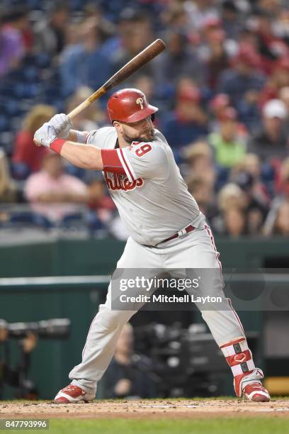 Cameron Rupp of the Philadelphia Phillies prepares for a pitch during a baseball game against the Washington Nationals at Nationals Park on September...