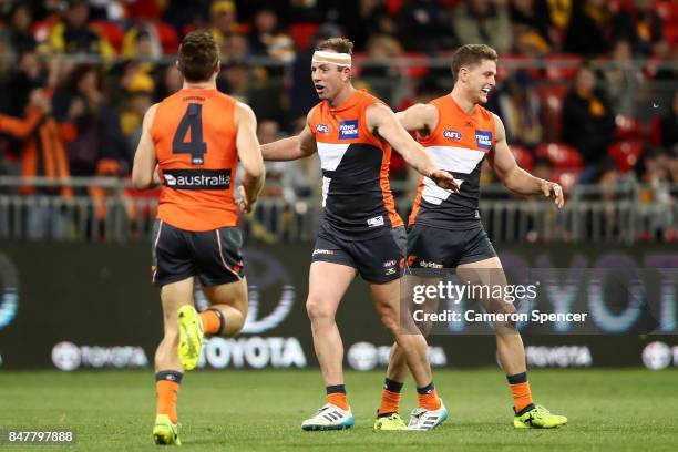 Steve Johnson of the Giants celebrates kicking a goal during the AFL First Semi Final match between the Greater Western Sydney Giants and the West...