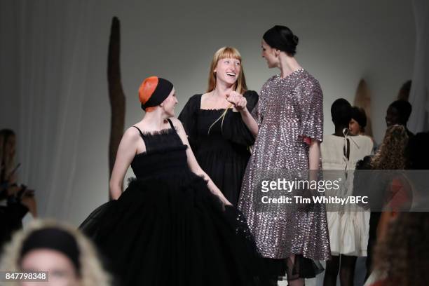 Fashion designer Molly Goddard and Erin O'Connor are seen on the runway at the Molly Goddard show during London Fashion Week September 2017 on...