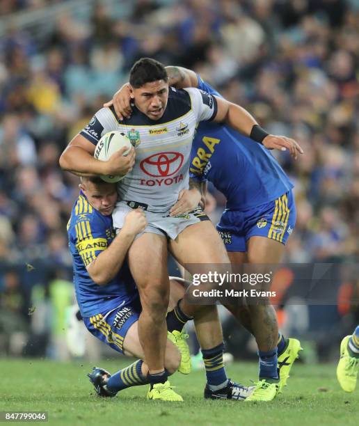 Jason Taumalolo of the Cowboys tackled by Nathan Brown of the Eels during the NRL Semi Final match between the Parramatta Eels and the North...