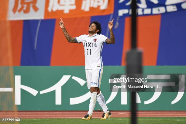 Leandro of Kashima Antlers celebrates scoring his side's second goal during the J.League J1 match between Albirex Niigata and Kashima Antlers at...