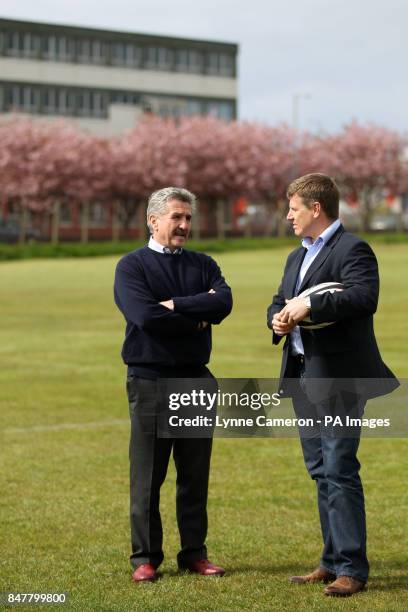 Craig Chalmers and Gerald Davies during the photocall at Ardrossan Rugby Club, Ayrshire.