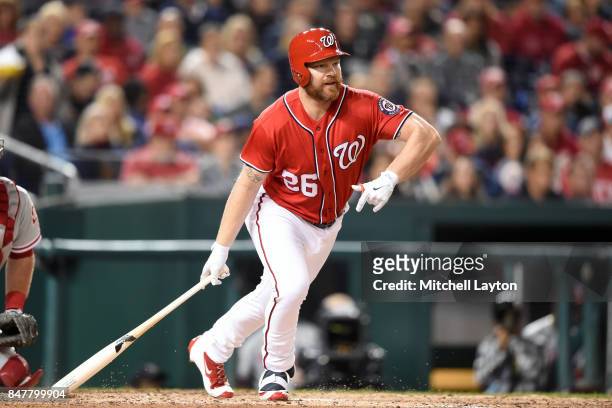 Adam Lind of the Washington Nationals takes a swing during a baseball game against the Philadelphia Phillies at Nationals Park on September 9, 2017...