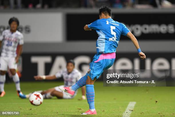 Kim Min Hyeok of Sagan Tosu scores his side's second goal during the J.League J1 match between Sagan Tosu and Ventforet Kofu at Best Amenity Stadium...