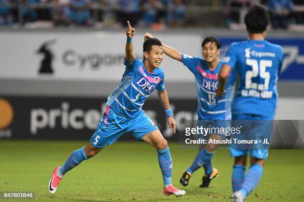 Kim Min Hyeok of Sagan Tosu celebrates scoring his side's second goal during the J.League J1 match between Sagan Tosu and Ventforet Kofu at Best...