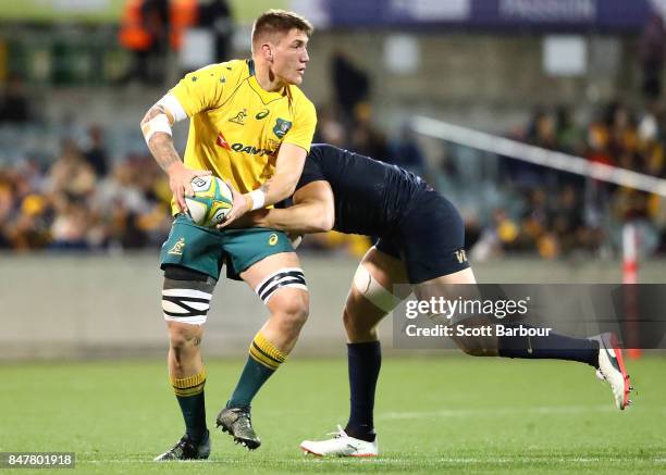 Sean McMahon of the Wallabies is tackled during The Rugby Championship match between the Australian Wallabies and the Argentina Pumas at Canberra...