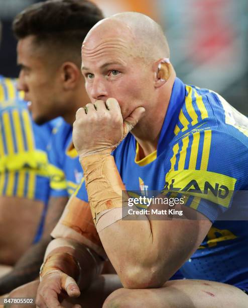 Beau Scott of the Eels looks dejected during the NRL Semi Final match between the Parramatta Eels and the North Queensland Cowboys at ANZ Stadium on...