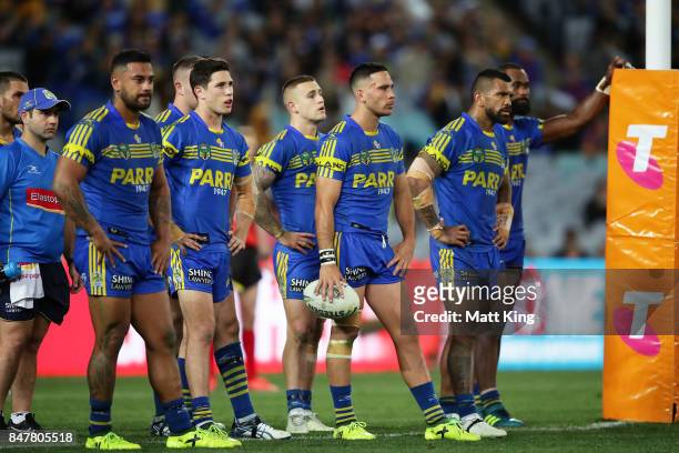 Eels look dejected after a Cowboys try during the NRL Semi Final match between the Parramatta Eels and the North Queensland Cowboys at ANZ Stadium on...