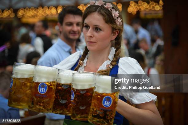 Waitress carries mugs of beer in the Hofbraeu tent on the first day of the 2017 Oktoberfest beer fest on September 16, 2017 in Munich, Germany....