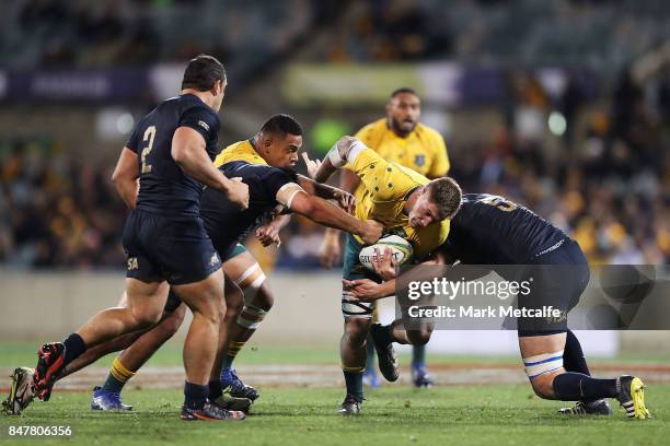 Sean McMahon of the Wallabies is tackled during The Rugby Championship match between the Australian Wallabies and the Argentina Pumas at Canberra...