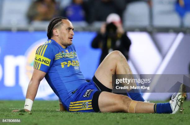 Brad Takairangi of the Eels looks dejected at fulltime during the NRL Semi Final match between the Parramatta Eels and the North Queensland Cowboys...