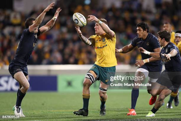 Sean McMahon of the Wallabies passes during The Rugby Championship match between the Australian Wallabies and the Argentina Pumas at Canberra Stadium...