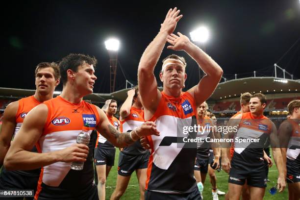 Steve Johnson of the Giants thanks fans and celebrates winning the AFL First Semi Final match between the Greater Western Sydney Giants and the West...