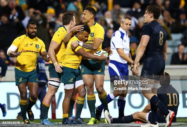 Will Genia and Israel Folau of the Wallabies embrace after a try by Genia during The Rugby Championship match between the Australian Wallabies and...