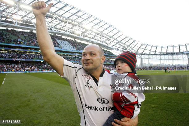 Ulster's Rory Best celebrating with his son Ben during the Heineken Cup, Semi Final at the Aviva Stadium, Dublin.