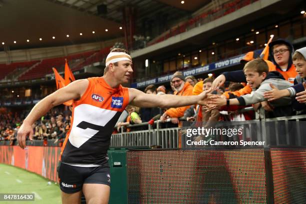 Steve Johnson of the Giants thanks fans after winning the AFL First Semi Final match between the Greater Western Sydney Giants and the West Coast...