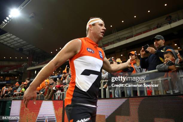 Steve Johnson of the Giants thanks fans after winning the AFL First Semi Final match between the Greater Western Sydney Giants and the West Coast...