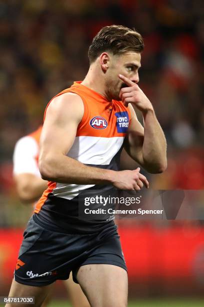 Stephen Coniglio of the Giants celebrates kicking a goal during the AFL First Semi Final match between the Greater Western Sydney Giants and the West...